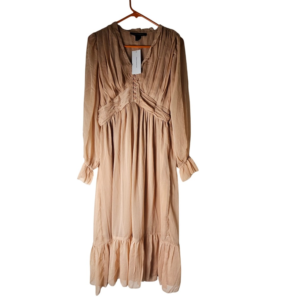 French Connection Alita Pleated V-Neck Long Sleeve Midi Dress 10 Clay‎ Nude NWT